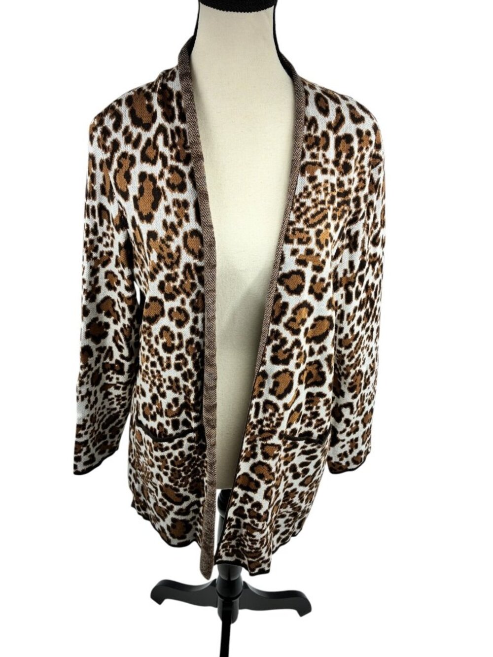 Allison Daley Womens M Leopard Print Open Front Cardigan Sweater Cotton Blend